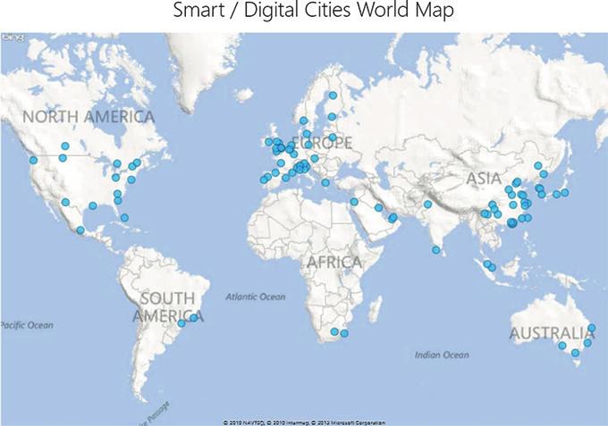7 Geography analysis: smart/digital cities geo-location in the world on the basis of 162 case studies analyzed