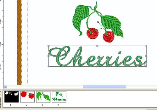 The word Cherries is the same color as the last color of the design, which is dark green in this