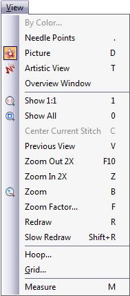 BERNINA Embroidery Software interface View menu changes Depending on the selected view mode, a revised View menu contains some or all of the following commands: Note these changes: Command Function