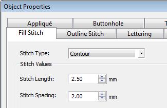 New Contour fill Contour stitch provides back and forth stitching with a fixed number of lines with variable spacing depending on the object outline.