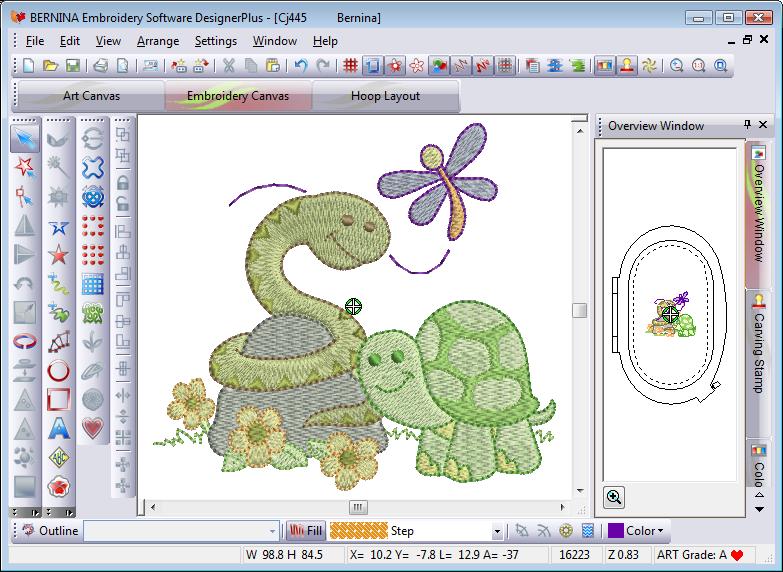 BERNINA Embroidery Software interface Embroidery Canvas Below is a screen image of the Embroidery Canvas workspace. This shows an exploded view of all toolbars in the BERNINA DesignerPlus product.