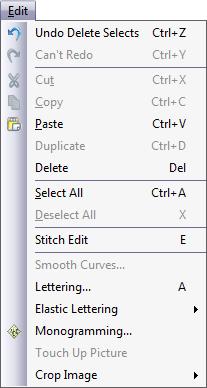 BERNINA Embroidery Software interface Edit menu changes Depending on the selected view mode, a revised Edit menu contains some or all of the following commands: Note these changes: Command Smooth
