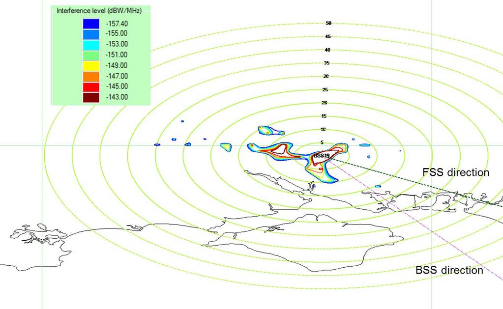 in Figure 4. This figure was calculated using the full ITU-R P.452-15 model with terrain effects included. The terrain resolution was 500 m and the interference was calculated for 20% of the year.