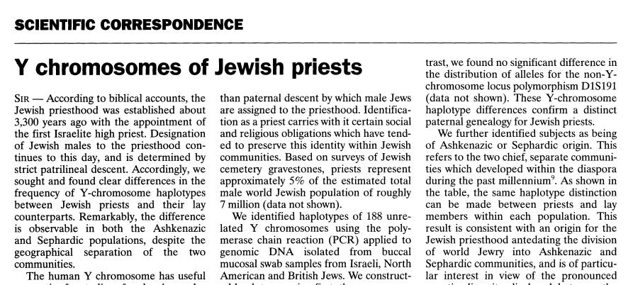 Significant differences are found between the Y-chromosomes of Cohanim and all other Jews.