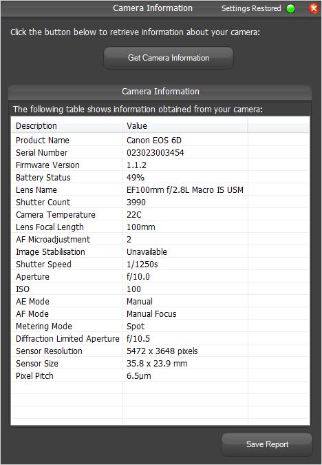 20 Camera Information Tool The Camera Information tool allows you to see a wealth of information about your camera at the click of a button.