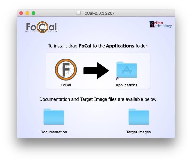 To install the application, just drag the FoCal icon to the Applications folder. The documentation and Target Images are available from within this disk image also. 1.