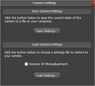 21 Camera Settings Save/Load 21.1 Overview The Camera Settings button allows you to take a snapshot of the camera settings and save them to disk to allow restoring at a later time.