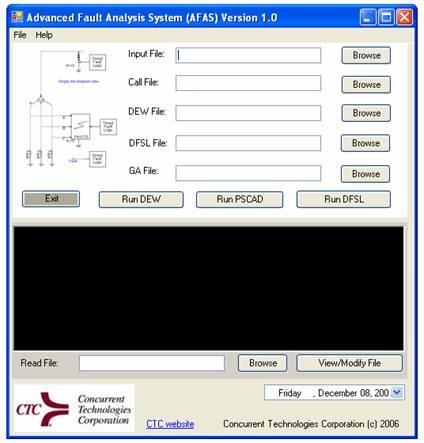 AFAS GUI Screen Design Desktop based application: Graphical User Interface (GUI) + Console Based Simulation Engine (e.g., Console) GUI has a logon form GUI can let user enter simulation parameters, choose input data files, simulation initialization file and output file.