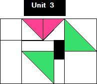 Unit 3: Measures 6.5 by 9.5 Doll Quilt (4) units Table Runner (8) units Comfort Quilt (24) units Part 1: (1) 2.5 white square (2) Pink and White Half Square Triangles made in the previous step.