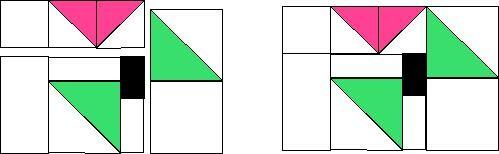 Part 3:.Sew (1) 3.5 green and white half square triangle to (1) 3.5 white square.press to the square. Part 4: Assemble Unit 3. Sew Part 1 to Part 2. Nest seams. Press down.