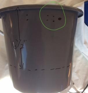 We ll call this line the circumference. 3. Mark the places to make holes close to the top of the bucket. Five in total, one big and four small.