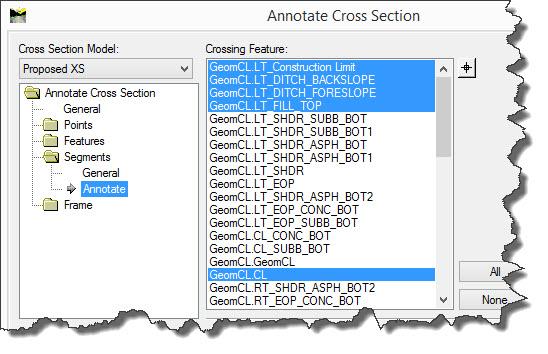 Expand the Segments folder and select Annotate on the left hand side of the dialog. 8. Select the following Crossing Features so that they will be annotated on the cross sections as shown below.
