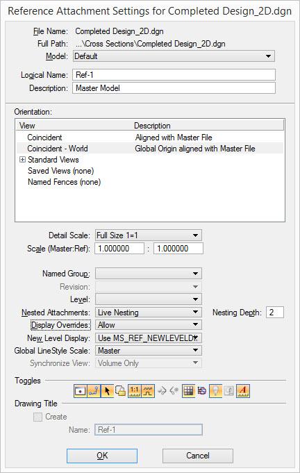 4. Attach the existing terrain and corridor model as a reference. a. Select the References tool. b. In the References dialog choose Attach. c. Select the Complete Design_2D.