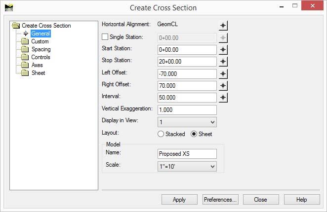 6. Select the preference to layout cross sections in sheets without a grid. a. Select Preferences button from the bottom of the Create Cross Section dialog. b. In the Preferences dialog select the preference named Sheet w/o Grid.