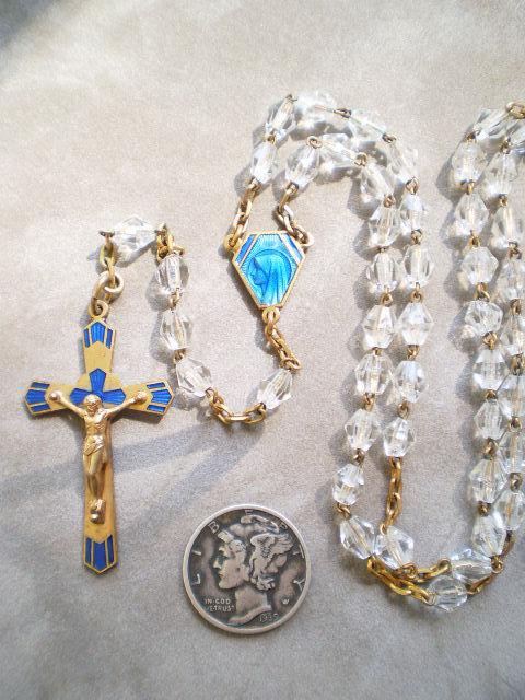 Beautiful Faceted Crystal and Blue Enamel Antique French Rosary This is a lovely antique French rosary with faceted crystal beads and deep blue enamel work on a