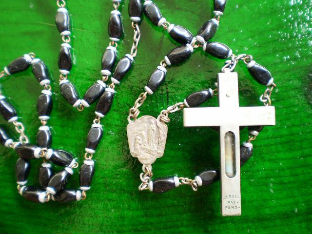 Art Deco Black Glass Rosary with Lourdes Water Very nice large (23") rosary from the the 1930s-1950s.