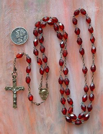 00 Antique Gilt and Deep Ruby Cut Glass Lourdes Rosary Beautiful old souvenir rosary from Lourdes.
