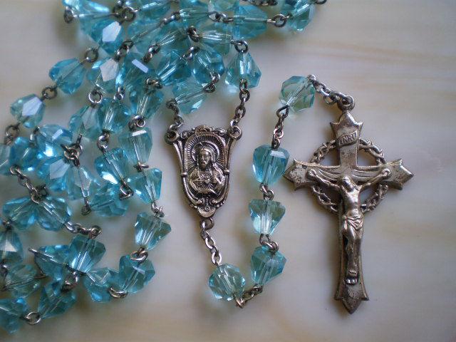 Pristine Vintage Aquamarine Cut Crystal and Sterling Rosary with Case This is a strikingly beautiful rosary with the most soothing hand cut crystal beads of a