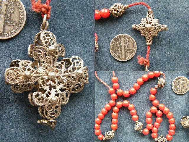 1800s Rare Strung Bavarian Antique Filigree Rosary, Deep Red Deep red handmade glass beads grace this silver filigree rosary from Bavaria.