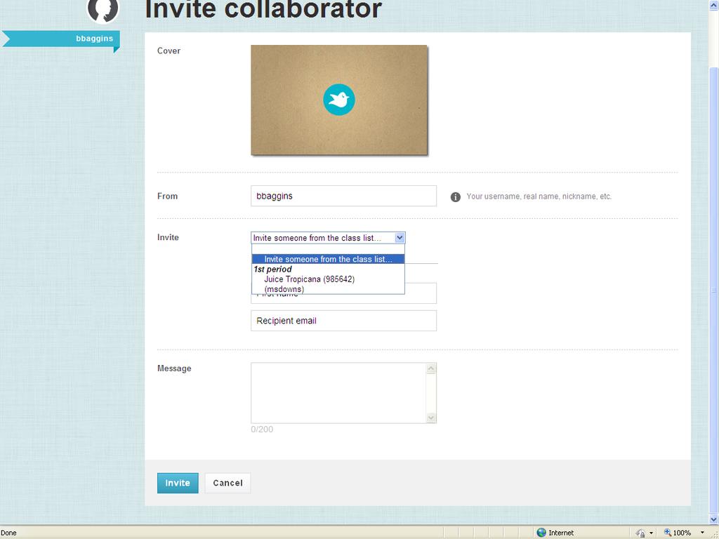 Students complete the Invite collaborator page.