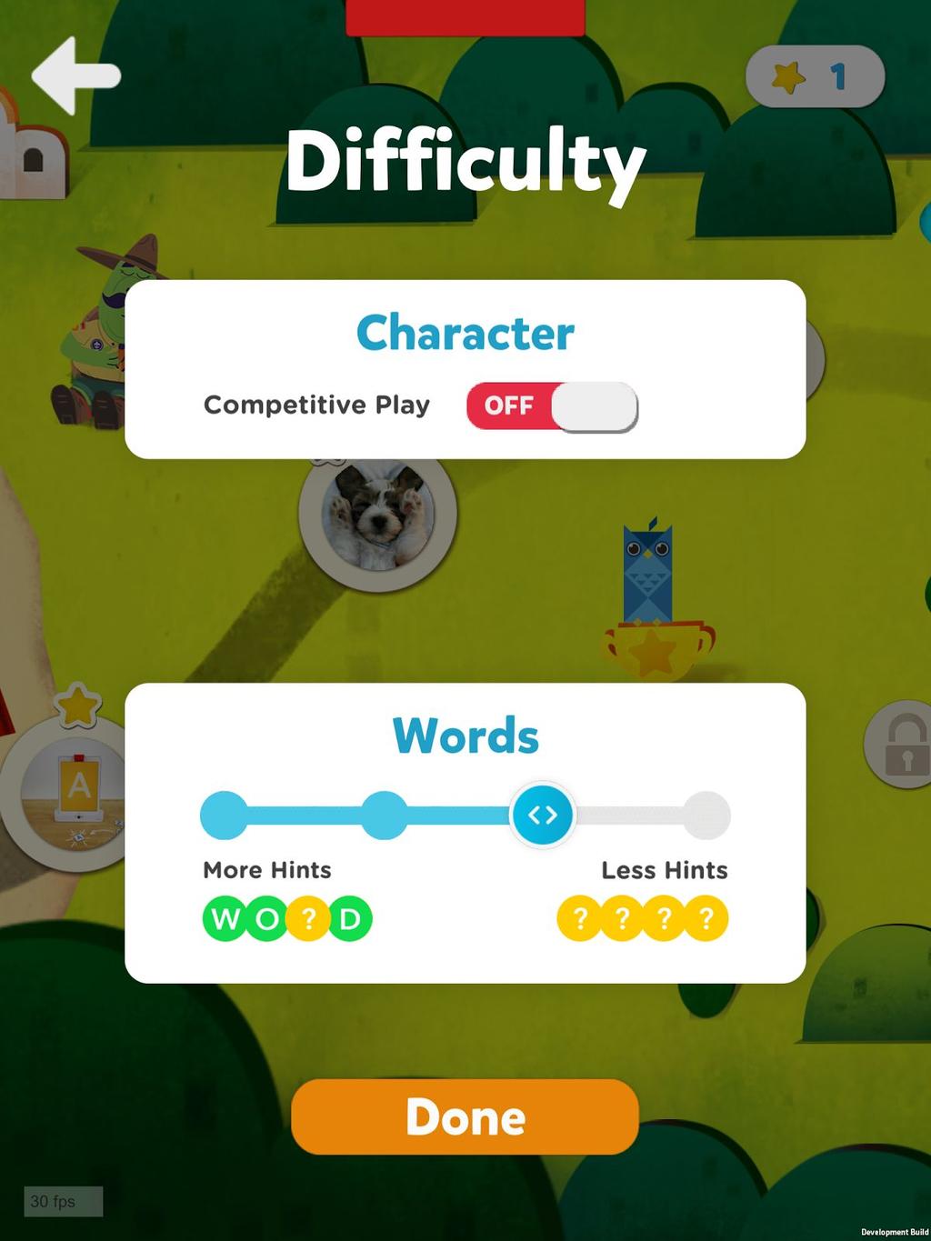 For Word difficulty, the number of hints can be set at four different levels.