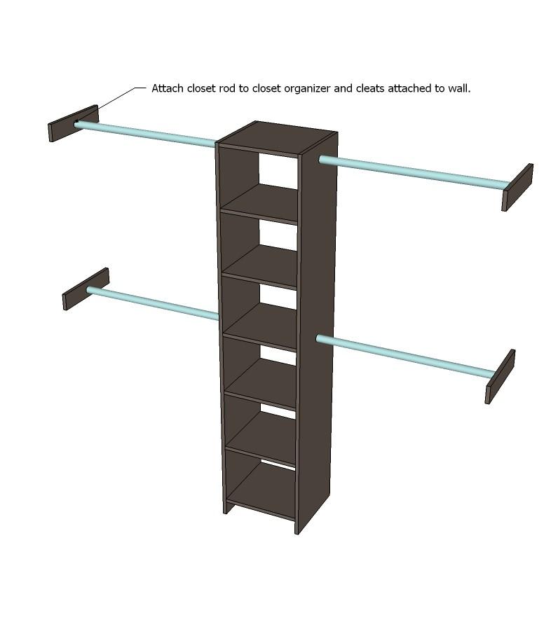 [15] Measure and cut the closet rods. Install rod sockets with drill and measuring tape. Check rods for level with level.