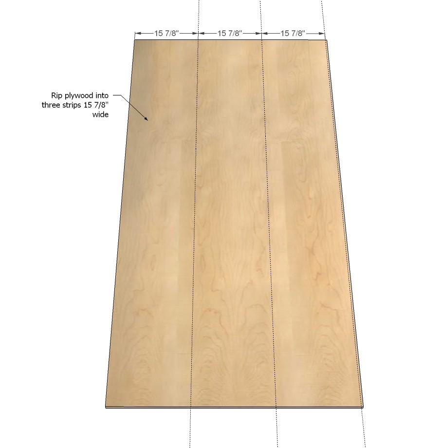 [11] Either have your hardware store rip your plywood into three easy to manage strips 8 feet long x 15 7/8 wide or use a table saw to rip plywood into