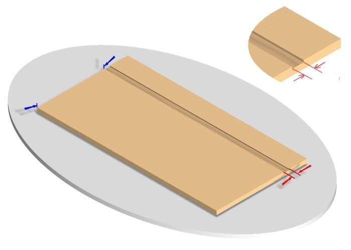 The drawing to the left shows a quick and easy way to accurately measure this distance. The correct distance is indicated by the blue arrows. Next, you will cut a slot in bottom of the sled bottom.