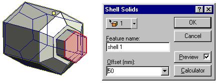 In the Features toolbar click on, the Shell Solids tool. Set the shell Offset (thickness) by dragging the yellow handle or typing the value of 50mm. Click on. Save the model.