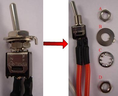 Step 9: Install the Power Switches A. Remove the nut and washers on the switch as shown in the following figure.