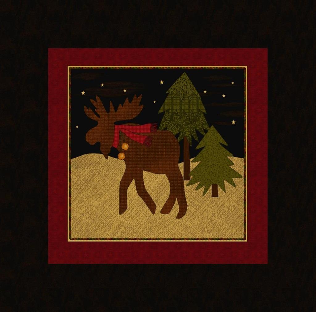 A Moose for Christmas Moose Pillow Approximately 14 X 14 1/2 yard of black- #2045-11 border and backing fabric Poly-fil Polyester stuffing 1. Trim the moose panel with red border to measure 9 X 9 2.