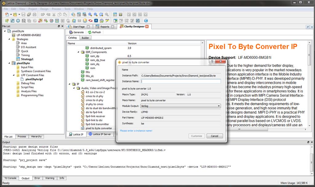 To configure Pixel-to-Byte Converter IP in Clarity Designer: 1. Double-click Pixel to Byte Converter in the IP list of the System Catalog view.