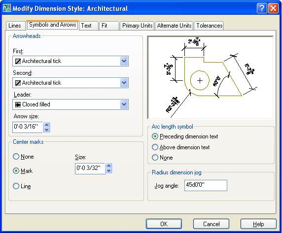 Figure 8.11 Modify Dimension Style Lines The Symbols and Arrows tab allows you to change the settings for Arrowheads and Center Marks.