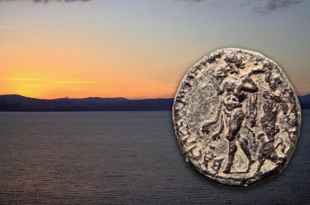 Sunset on the Sea of Galilee (Wikimedia). Overlay: Pan plays his pipes on a coin of Agrippa II (Courtesy Heritage Auctions).