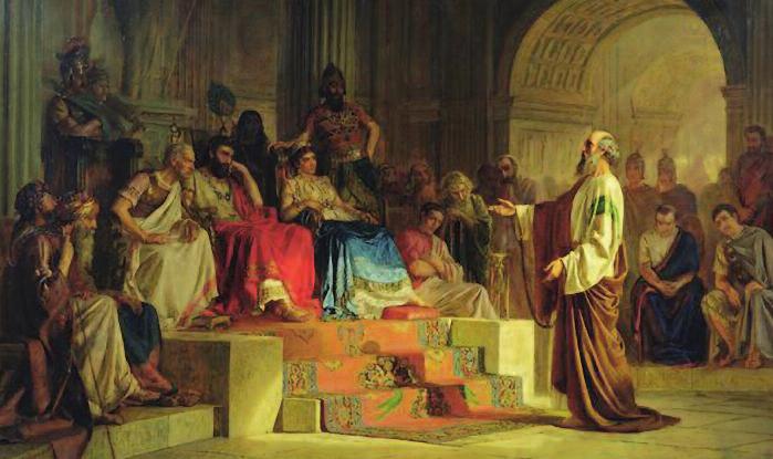 Figure 2 Apostle Paul on Trial by Nikolai Bodarevsky, 1875. It is unlikely that Agrippa had a beard because no coins show his contemporaries with beards.