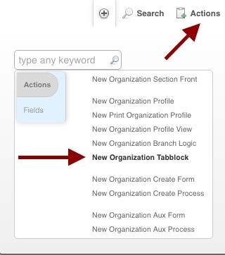 11. Click continue. 12. From the Actions menu, choose New Organization Tabblock. 13.