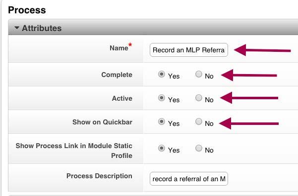 5. Name your process something like Record an MLP Referral Received. Mark yes for Complete, Active, and Show on Quickbar. 6.