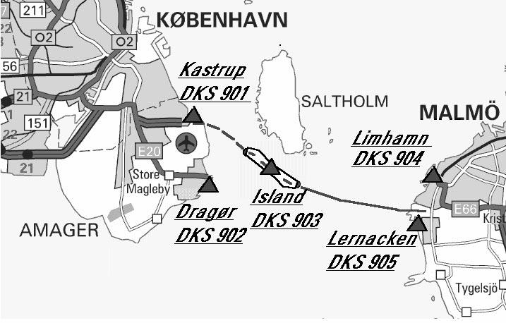 Figure 2: Reference station locations in the Øresund project area Each station comprises the following three main systems: 1. Reference system for transmission of RTCM V 2.1 and logging RINEX 2.