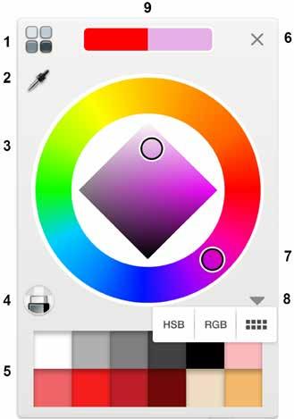 The Color Editor 1. Copic Color Library 2. Color Picker 3. Saturation/Brightness 4. Transparent Color 5. Swatches 6. Close Color Editor 7. Hue 8. HSB/RGB/Randomize/ Swatch toggle 9.