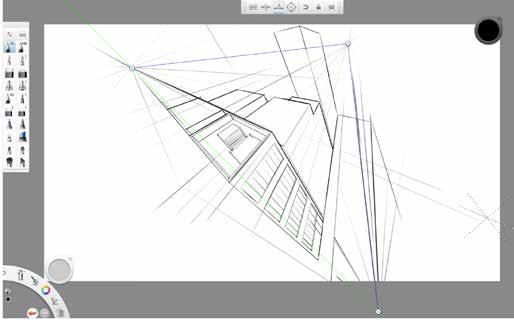 This mode has 5 vanishing points: left, right, top, bottom, and center. The grid is composited of a horizon line, vertical line, and circle. Curves intersect at the vanishing points.