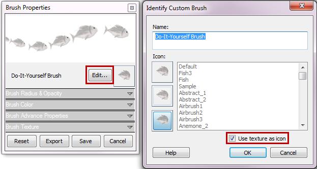 CREATE YOUR OWN BRUSH ICONS Create your own unique icons to identify custom brushes. When exporting these brushes, the custom icons assignments appear upon import.