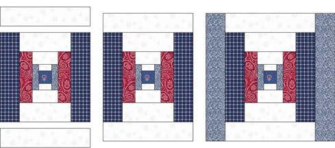 2" x 10½" Fabric I (blue tonal) rectangles for block. Block should measure 10½" square. Diagram 14 Courthouse Steps Blocks 1.