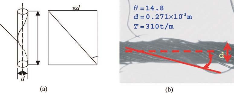 Figure 1. (a) An ideal yarn diagram showing the relation between twist angle and twist and (b) calculation of twist from a yarn image. one rotation inserted into yarn every L units.