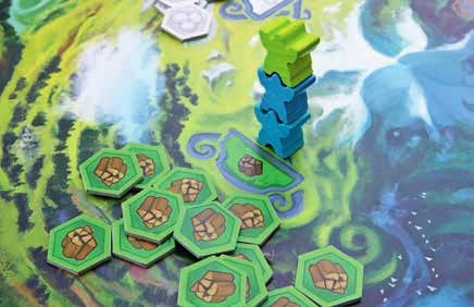 The next player takes their turn only when this is completed. The light green player obtains 1 wood chip. The blue player obtains 2 chips because two of his workers are on the "wood" high plain.