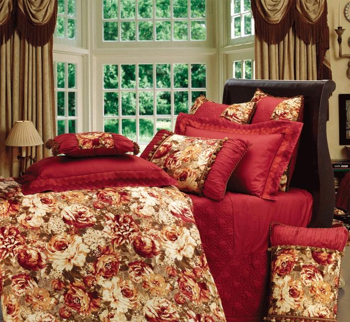 Rose 10 pc All 100% Cotton Luxury Bedding Set One of the Finest Luxury Bedding decorated with rich Embroidery and Luxurious Bright Foral finish.