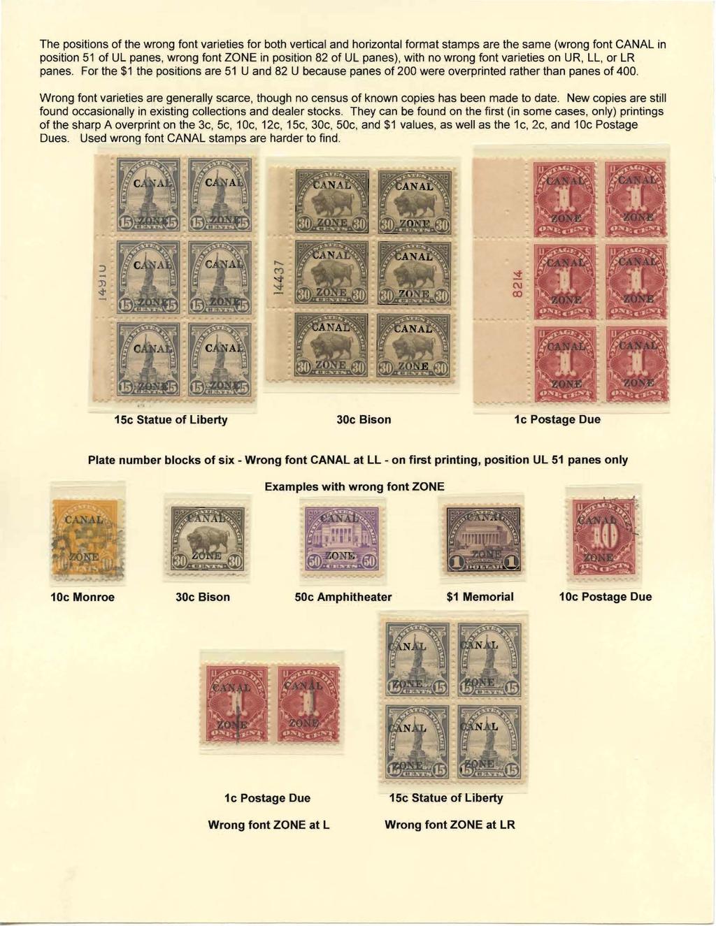 The positions of the wrong font varieties for both vertical and horizontal format stamps are the same (wrong font CANAL in position 51 of UL panes, wrong font ZONE in position 82 of UL panes), with