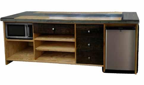 EDISON COLLECTION EDISON CUSTOM CREDENZA DLCD-24(E) microwave natural oak tops with barn wood accents stain options available for accents steel edging with exposed fasteners media storage built to