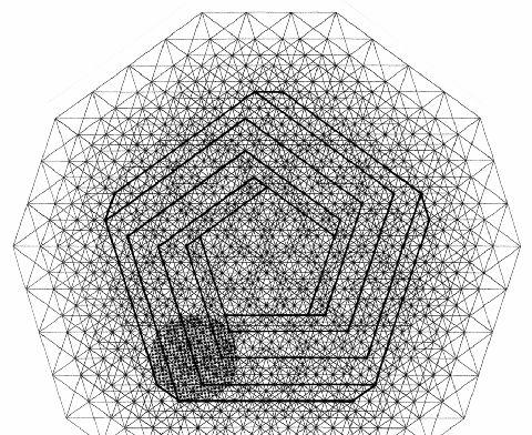 Multidimensional Impossible Polycubes Figure 13 : An impossible 5-bar embedded in an impossible 5-polycube. The shaded decagon highlights a 5-cube as a base of a 6-cubic prism. CG: M. Ishii.