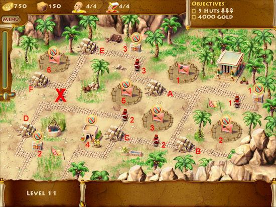 Level 11 Gold Time: 5:00 5 Huts 4000 Gold We have 5 nomads to pay off on this level so it's starting to get a bit more complicated. Pay off nomad 1 (500 gold) and open treasure chest 1 (1000 gold).