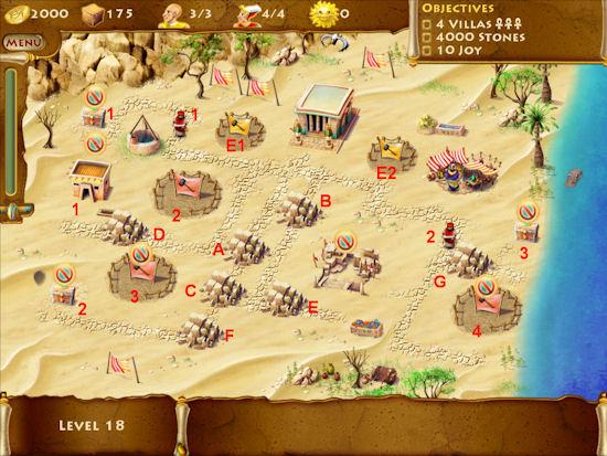 Level 18 Time to Gold: 5:15 4 Villas 4000 Stone 10 Joy Level 18 has camel upgrades which help the workers carry more and work faster. That also means you'll need more gold in order to quarry stone.